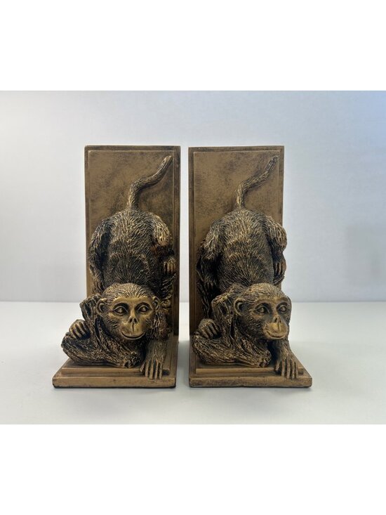 Other - Pair Monkey Bookends Antique-Style Bronze Resin Hollywood Regency Library Jungle